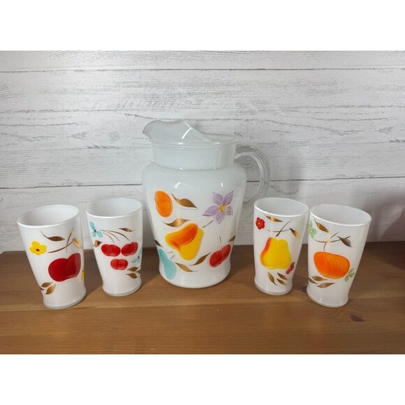 Vintage MCM Bartlett Collins Gay Fad White Frosted Fruit Pitcher & 4 Glasses - Picture 1 of 9